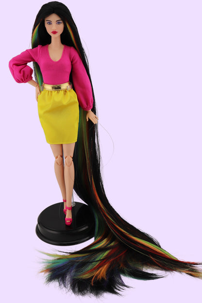 Barbie Looks #19 Custom Reroot Extra Long Black and Rainbow Hair!