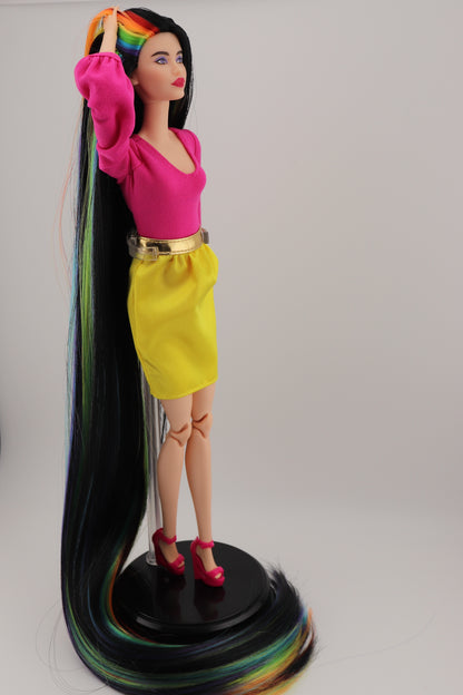 Barbie Looks #19 Custom Reroot Extra Long Black and Rainbow Hair!