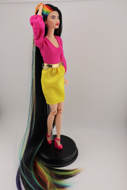 Barbie Looks #19 Custom Reroot Extra Long Black and Rainbow Hair!