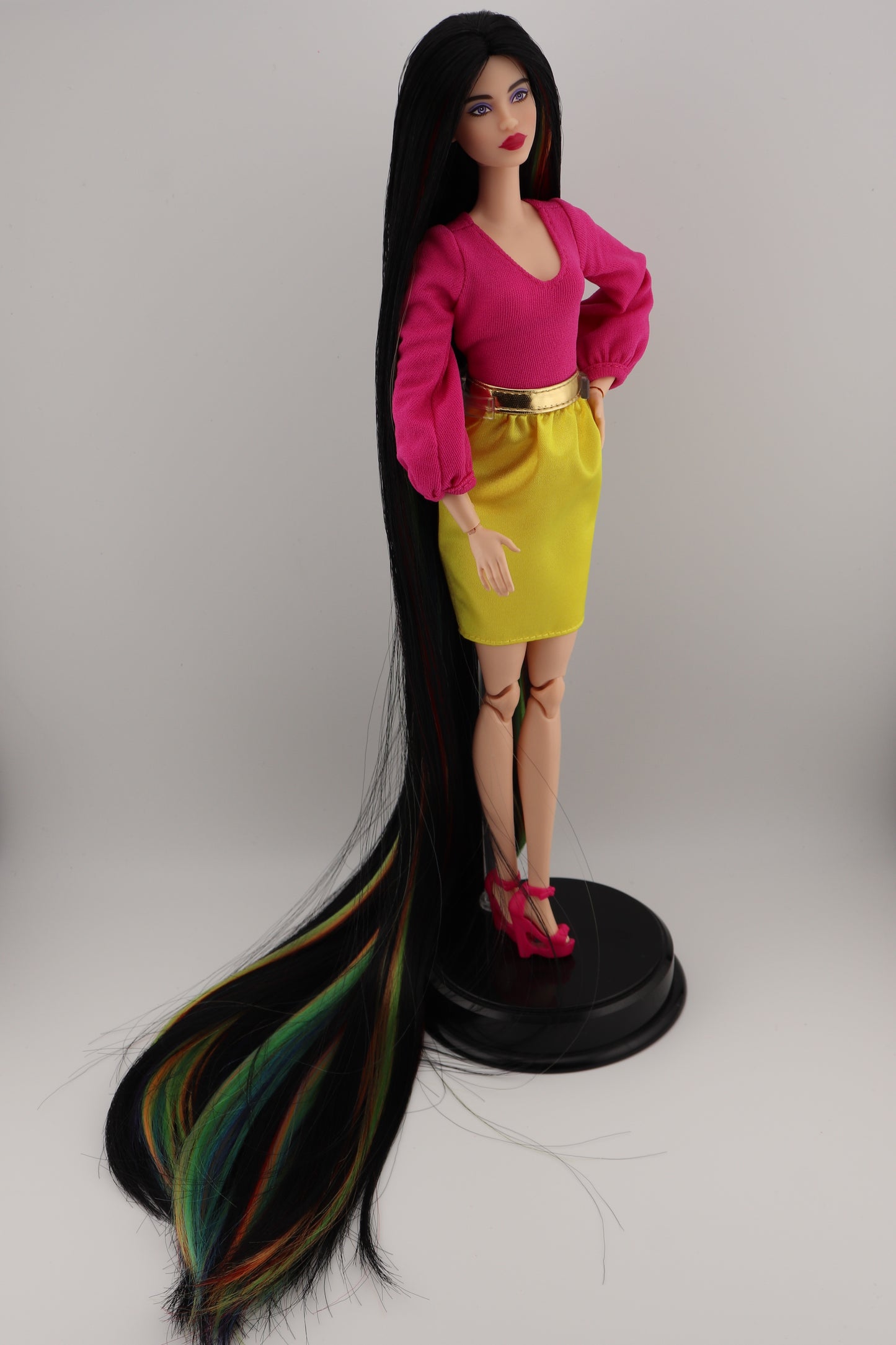 Barbie Looks #19 Custom Reroot Extra Long Black and Rainbow Hair!