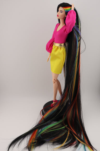 Barbie Looks #19 Custom Reroot Extra Long Black and Rainbow Hair!