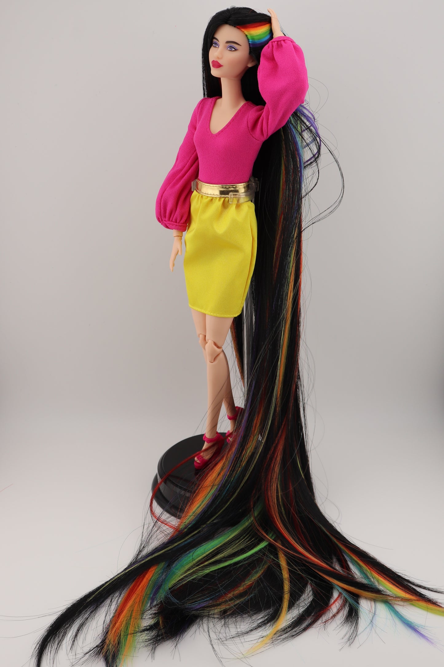 Barbie Looks #19 Custom Reroot Extra Long Black and Rainbow Hair!