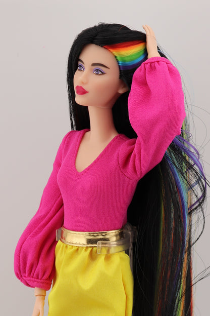 Barbie Looks #19 Custom Reroot Extra Long Black and Rainbow Hair!