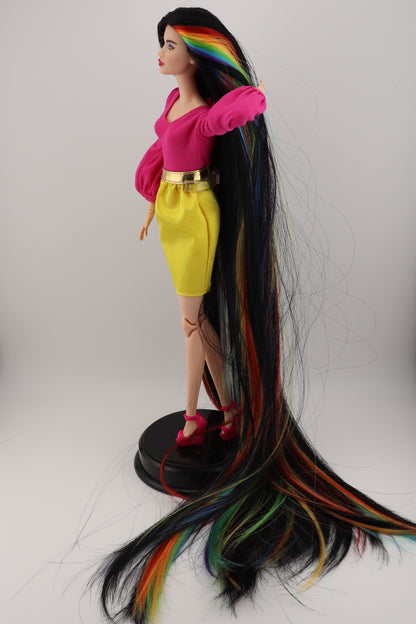 Barbie Looks #19 Custom Reroot Extra Long Black and Rainbow Hair!