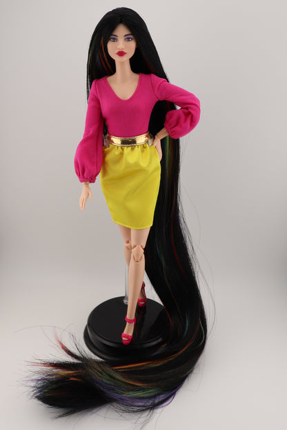 Barbie Looks #19 Custom Reroot Extra Long Black and Rainbow Hair!