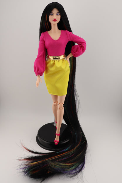 Barbie Looks #19 Custom Reroot Extra Long Black and Rainbow Hair!