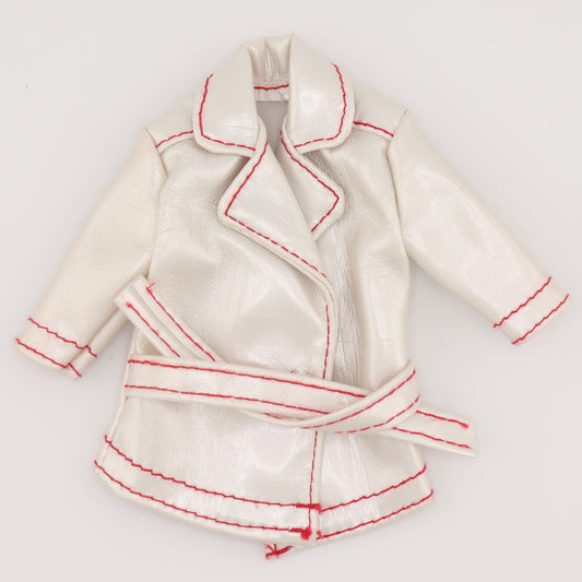 White Faux Leather Jacket with Red Stitching