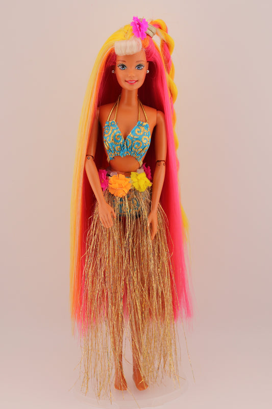 Hula Hair Barbie Pink Yellow and Orange Hair (1996) #3