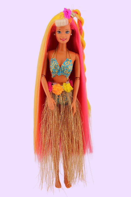 Hula Hair Barbie Pink Yellow and Orange Hair (1996) #3