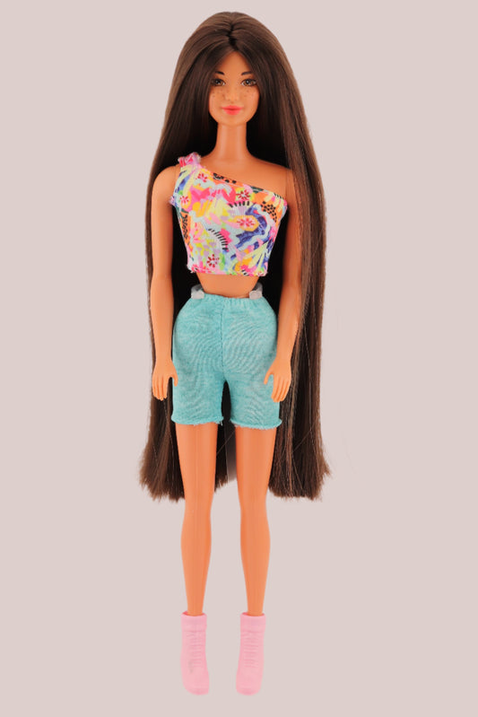 Kira Barbie Rerooted with Long Brown Hair + Freckles