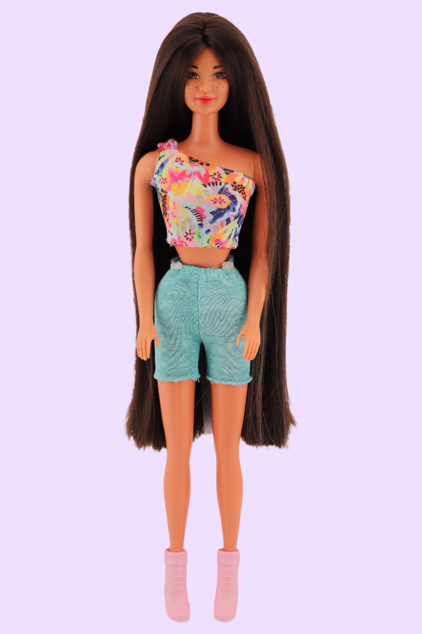 Kira Barbie Rerooted with Long Brown Hair + Freckles