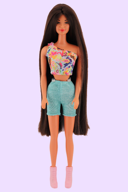 Kira Barbie Rerooted with Long Brown Hair + Freckles