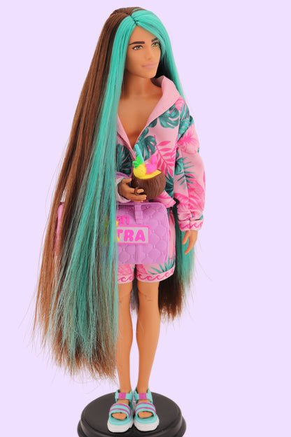 Extra Fly Ken Rerooted Brown and Turquoise Hair