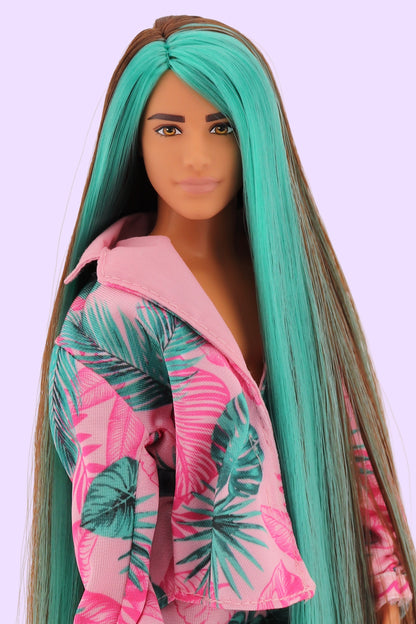 Extra Fly Ken Rerooted Brown and Turquoise Hair
