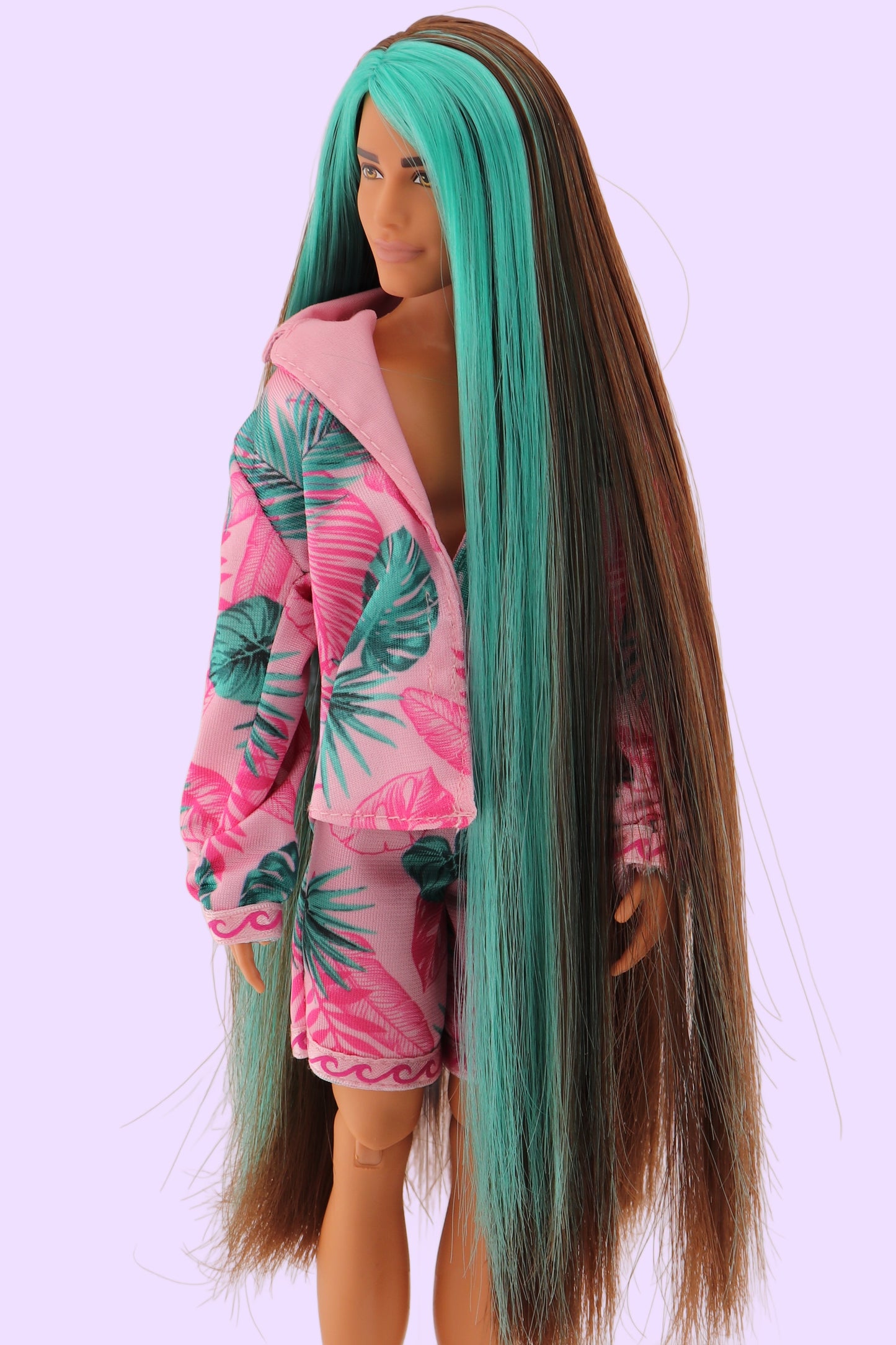 Extra Fly Ken Rerooted Brown and Turquoise Hair